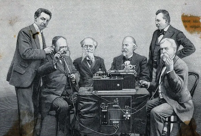 Framed Print : Woodcut Depicting M. Jaubert Experimenting with Microphonograph