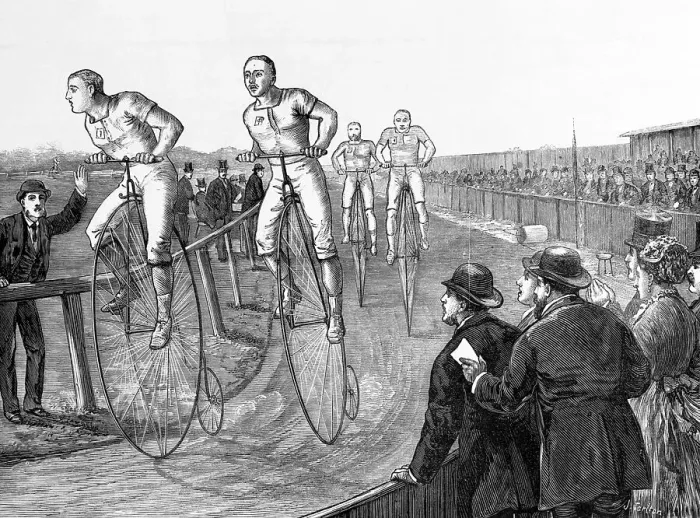 Framed Print : Woodcut Depicting Men Racing Penny-Farthings by J. Tarlton Framed Print : Woodcut Depicting Men Racing Penny-Farthings by J. Tarlton