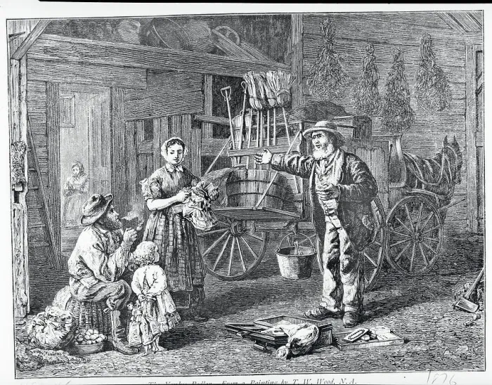 Framed Print : Woodcut Depicting a Yankee Peddler Selling His Goods Framed Print : Woodcut Depicting a Yankee Peddler Selling His Goods