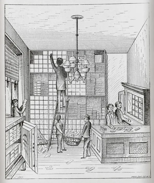 Framed Print : Woodcut of Employees Working in Mail Room Framed Print : Woodcut of Employees Working in Mail Room