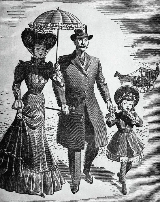 Framed Print : Woodcut; Fashionable Family On A Walk Framed Print : Woodcut; Fashionable Family On A Walk