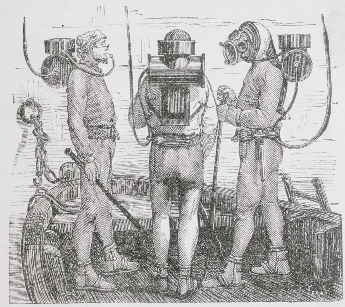 Framed Print : Woodcut of French Diving Apparatus Framed Print : Woodcut of French Diving Apparatus