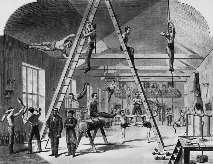 Framed Print : Woodcut Of Gymnasium Interior Framed Print : Woodcut Of Gymnasium Interior