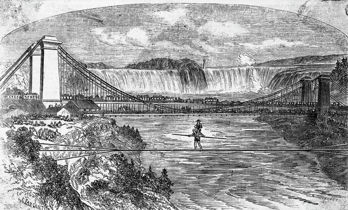 Framed Print : Woodcut Illustration of Charles Blondin Crossing Niagara River on Tightrope Framed Print : Woodcut Illustration of Charles Blondin Crossing Niagara River on Tightrope