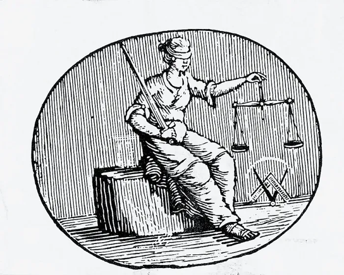 Framed Print : Woodcut Of Justice / Woman W / Scales / Blindf Framed Print : Woodcut Of Justice / Woman W / Scales / Blindf