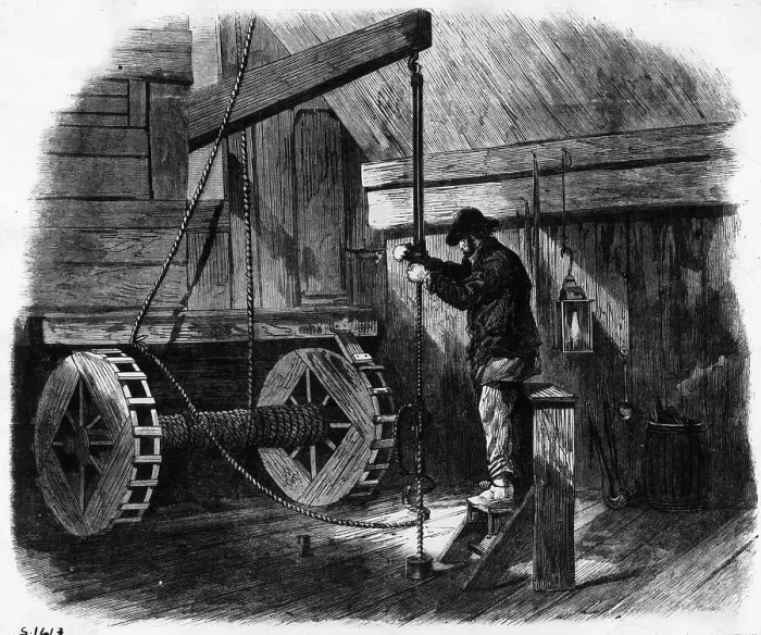 Framed Print : Woodcut; Man Bores For Oil In Farmhouse