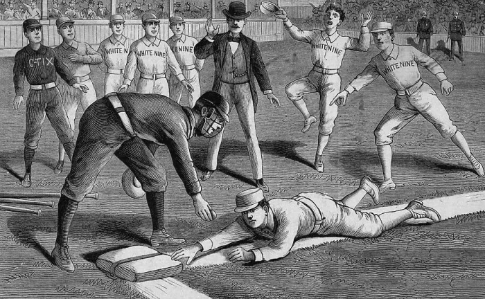 Framed Print : Woodcut Of Man Sliding To Base In Game Framed Print : Woodcut Of Man Sliding To Base In Game