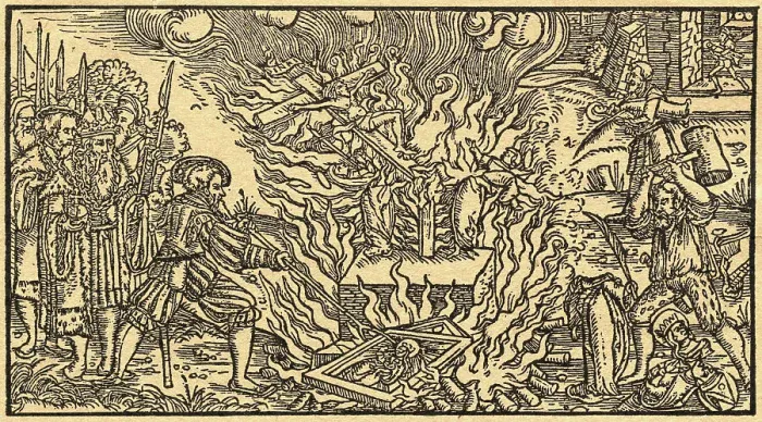 Framed Print : Woodcut of Men Burning Religious Symbols Framed Print : Woodcut of Men Burning Religious Symbols
