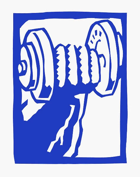 Woodcut of muscular arm and hand picking up dumbbell