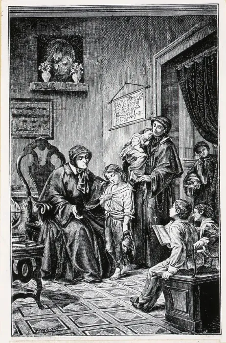 Framed Print : Woodcut Of Nuns Receiving Parentless Boy Framed Print : Woodcut Of Nuns Receiving Parentless Boy