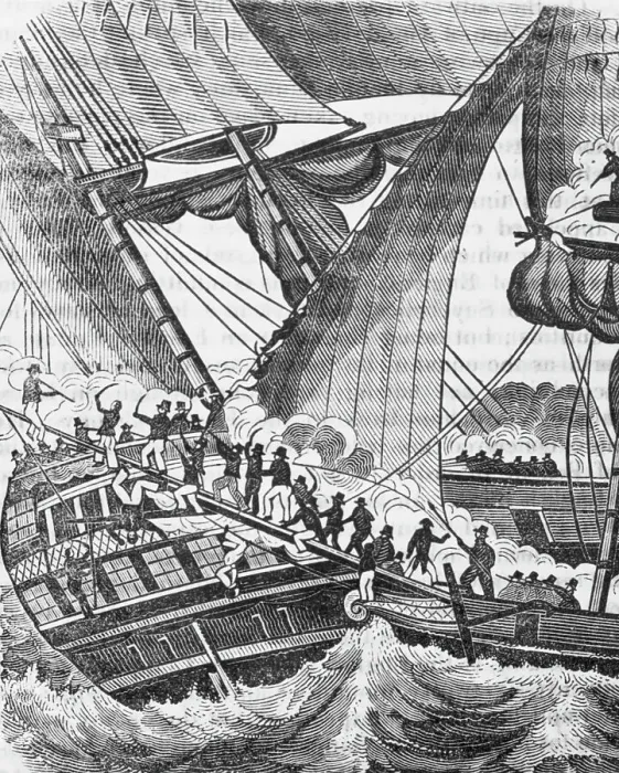 Framed Print : Woodcut of Pirates Boarding Merchant Ship Framed Print : Woodcut of Pirates Boarding Merchant Ship