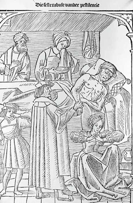 Framed Print : Woodcut of Plague Patient Surrounded By Doctors