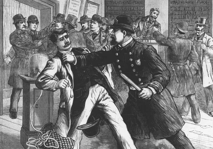 Framed Print : Woodcut Print of Police Raiding Bookie Room Framed Print : Woodcut Print of Police Raiding Bookie Room