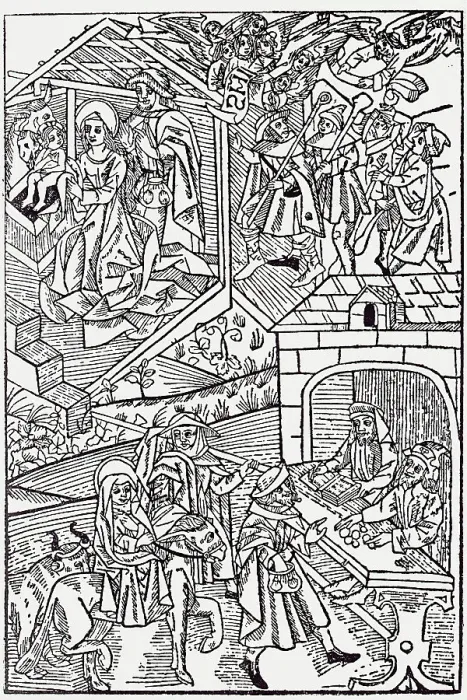 Framed Print : Woodcut with Scenes from the Birth of Christ Framed Print : Woodcut with Scenes from the Birth of Christ