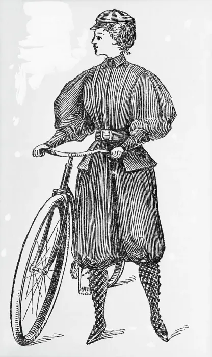 Framed Print : Woodcut; Woman With Bicycle; Bloomers Framed Print : Woodcut; Woman With Bicycle; Bloomers