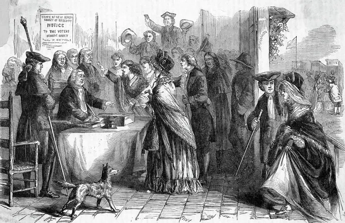 Framed Print : Woodcut of Women Casting Votes in New Jersey Framed Print : Woodcut of Women Casting Votes in New Jersey