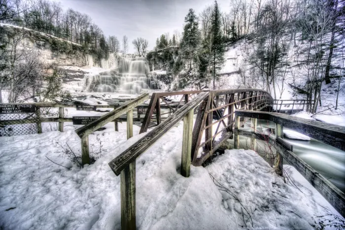 Framed Print : Wooden bridge and Chittenango Falls Framed Print : Wooden bridge and Chittenango Falls