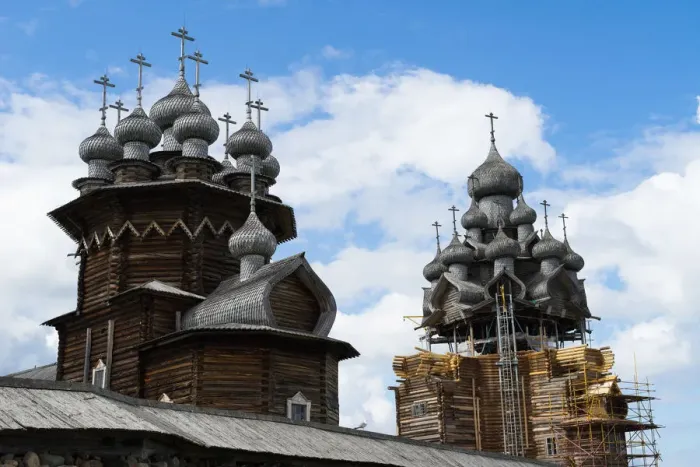 Framed Print : Wooden churches under repair of Kizhi Pogost Framed Print : Wooden churches under repair of Kizhi Pogost