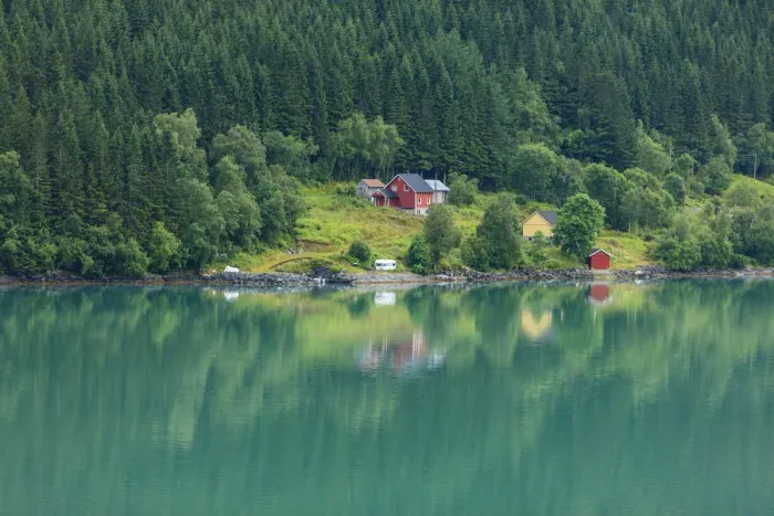 Framed Print : Wooden farmhouses on hill by fjord, Olden, Norway Framed Print : Wooden farmhouses on hill by fjord, Olden, Norway