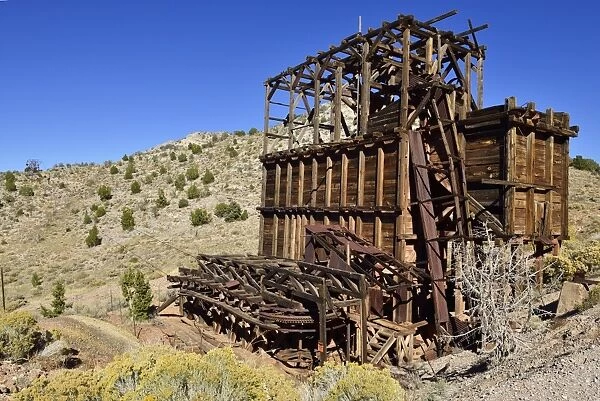Wooden mining ruins in the historic silver mining town of Pioche, Nevada, USA, North America, PublicGround
