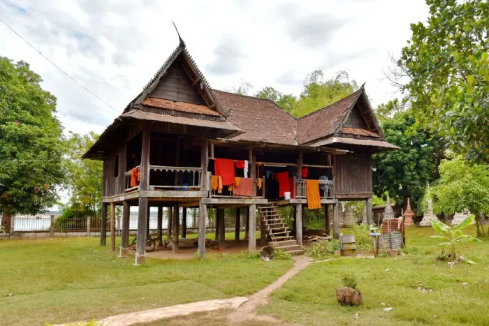 Framed Print : wooden monastery at Wat Phuthawanaram Champassak Lao