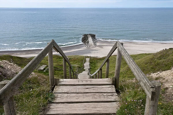 Wooden stairs to the beach on the coast of Bovbjerg, Bovbjerg-Klint, West Jutland, Denmark, Europe