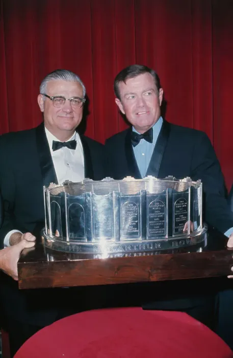 Framed Print : Woody Hayes and Darrell Royal Posing with MacArthur Bowl Award Framed Print : Woody Hayes and Darrell Royal Posing with MacArthur Bowl Award