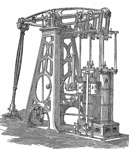 Woolsche Balanciermaschine, regular standing steam engine, a steam engine as it was used at the beginning of the Victorian era and at the beginning of the industrialisation, 1880, Germany, Historic