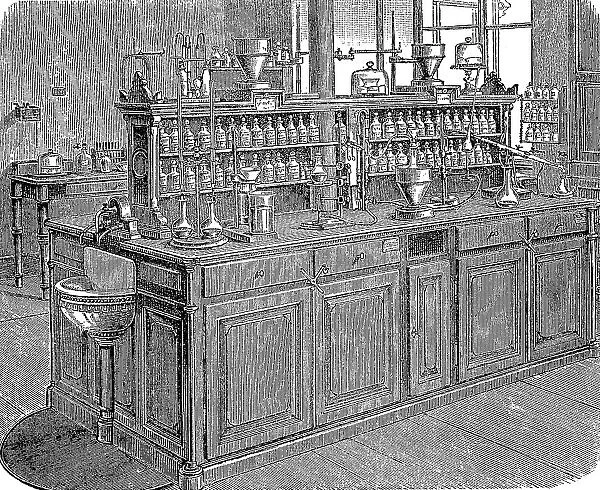 A work table in the chemical laboratory in Leipzig, Germany, in 1880, Historic, digitally restored reproduction of an original 19th-century original
