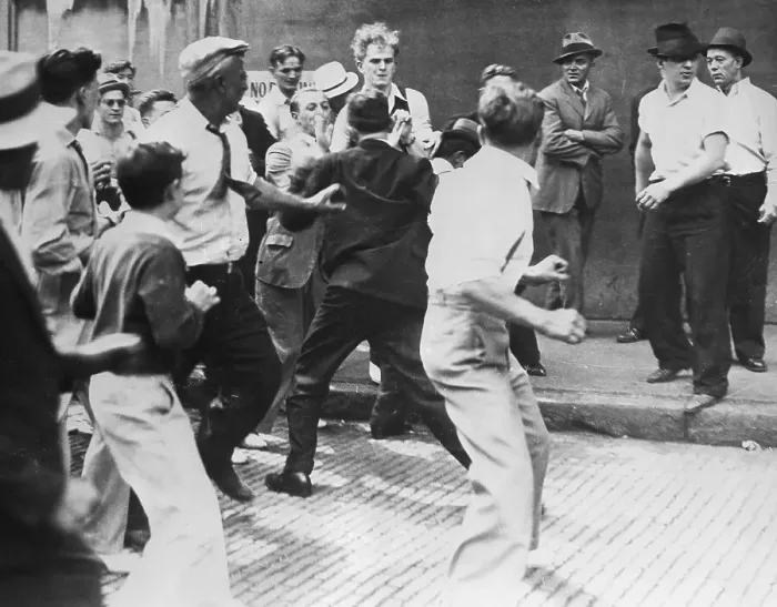 Framed Print : Mill Worker Fights to Cross Picket Line Framed Print : Mill Worker Fights to Cross Picket Line