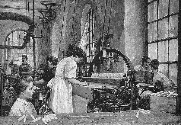 Worker in a weaving mill, Germany, 1898, Historic, digital reproduction of an original 19th century painting, original date unknown