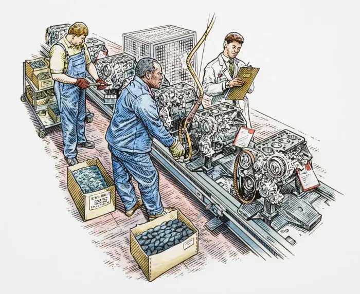Framed Print : Workers assembling parts on a production line, supervisor taking notes on clipboard Framed Print : Workers assembling parts on a production line, supervisor taking notes on clipboard