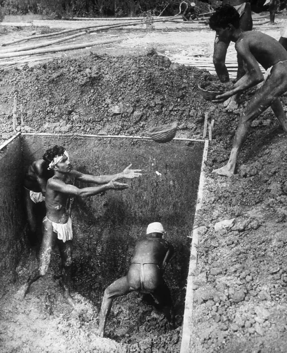 Framed Print : Workers Digging in Rectangular Pit Framed Print : Workers Digging in Rectangular Pit