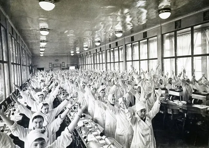 Framed Print : Workers Doing Morning Calisthenics Framed Print : Workers Doing Morning Calisthenics