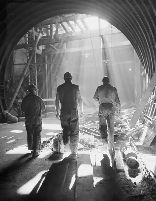 Framed Print : Three Workers Entering Tunnel Framed Print : Three Workers Entering Tunnel