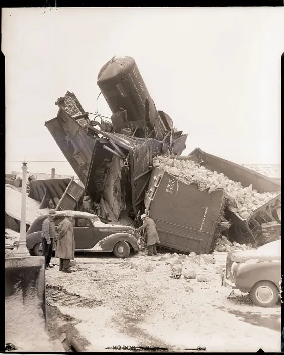 Framed Print : Workers Inspect 95 Car Auto and Train Wreck Framed Print : Workers Inspect 95 Car Auto and Train Wreck