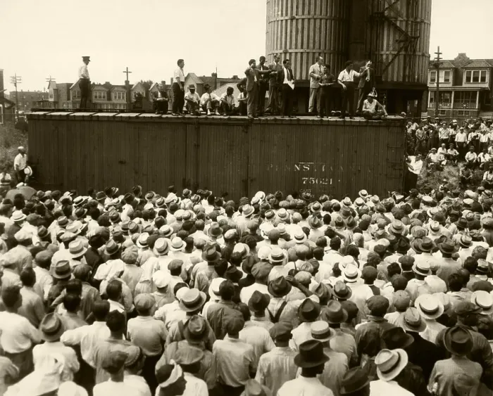 Framed Print : Workers Listen to Man Speaking on Boxcar Framed Print : Workers Listen to Man Speaking on Boxcar