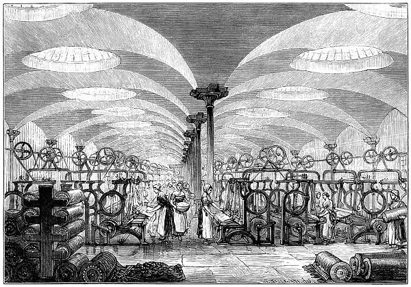 Workers and machinery in a flax mill (Victorian engraving)