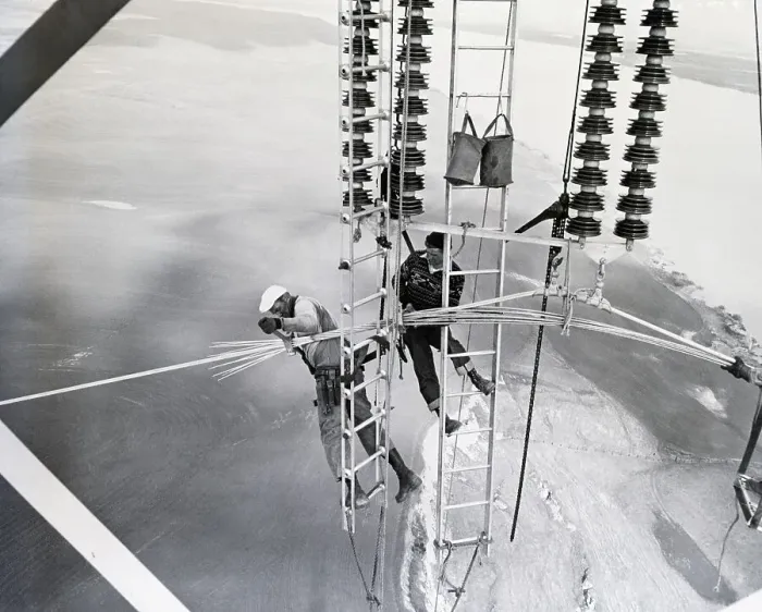 Framed Print : Workers on Powerline Installing Cable Framed Print : Workers on Powerline Installing Cable
