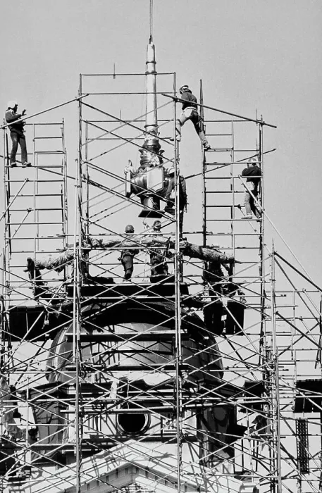 Framed Print : Workers Prepare Copper Spire Framed Print : Workers Prepare Copper Spire