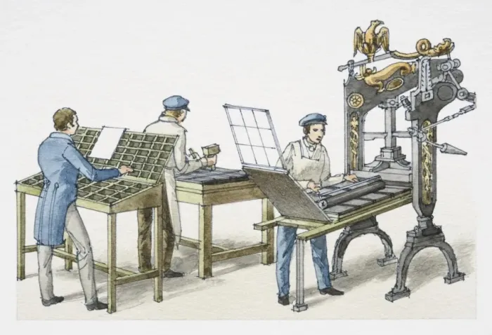 Framed Print : Workers printing using large metal presses, front view Framed Print : Workers printing using large metal presses, front view
