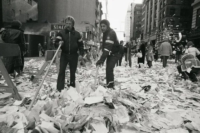 Framed Print : Workers Sweep Up Ticker Tape at Parade Framed Print : Workers Sweep Up Ticker Tape at Parade