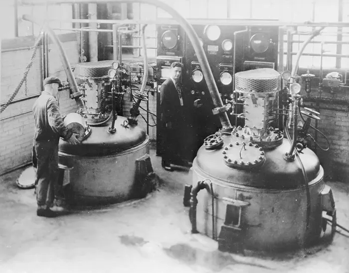 Framed Print : Workers Using Polymerization Tanks Framed Print : Workers Using Polymerization Tanks