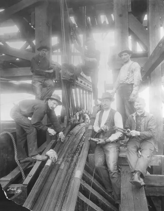 Framed Print : Workmen on the Brooklyn Bridge