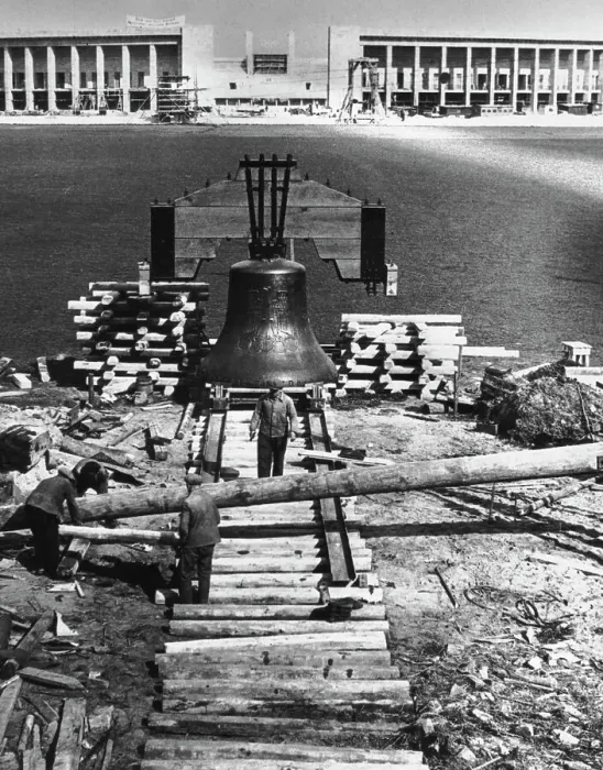Framed Print : Workmen And The Olympic Bell - Olympics 1936 Framed Print : Workmen And The Olympic Bell - Olympics 1936