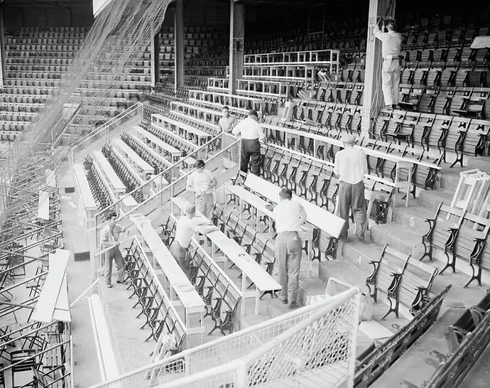 Framed Print : Workmen In Empty Stands At Ebbets Field Framed Print : Workmen In Empty Stands At Ebbets Field