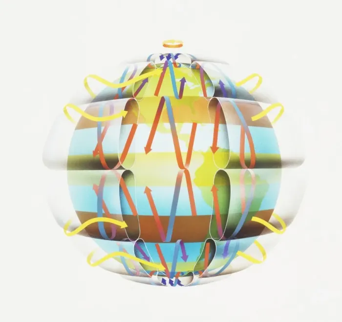 Framed Print : World globe with directional arrows showing trade wind patterns