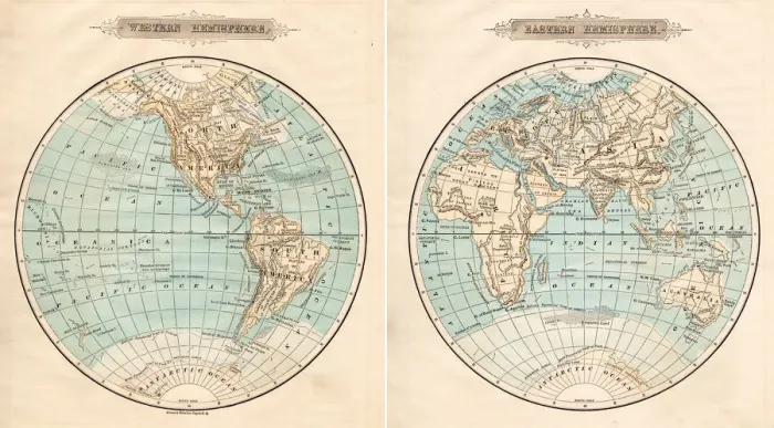 Framed Print : World in hemispheres 1881 Framed Print : World in hemispheres 1881