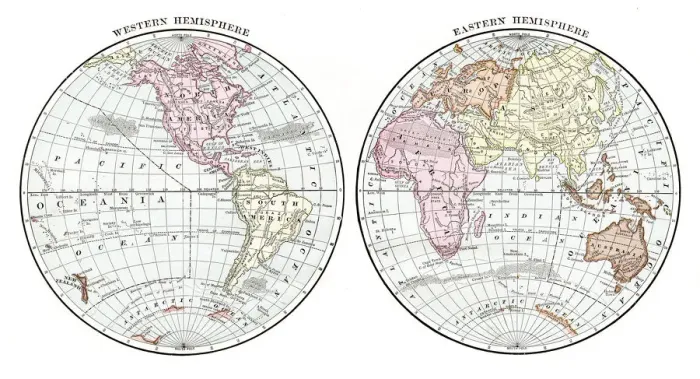 Framed Print : The world in Hemispheres 1889 Framed Print : The world in Hemispheres 1889