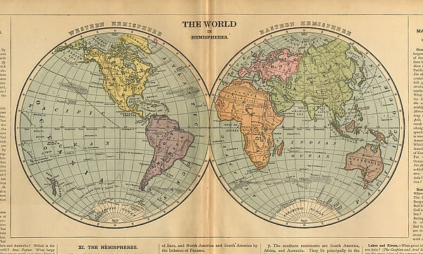 World in Hemispheres Antique Victorian Engraved Colored Map, 1899